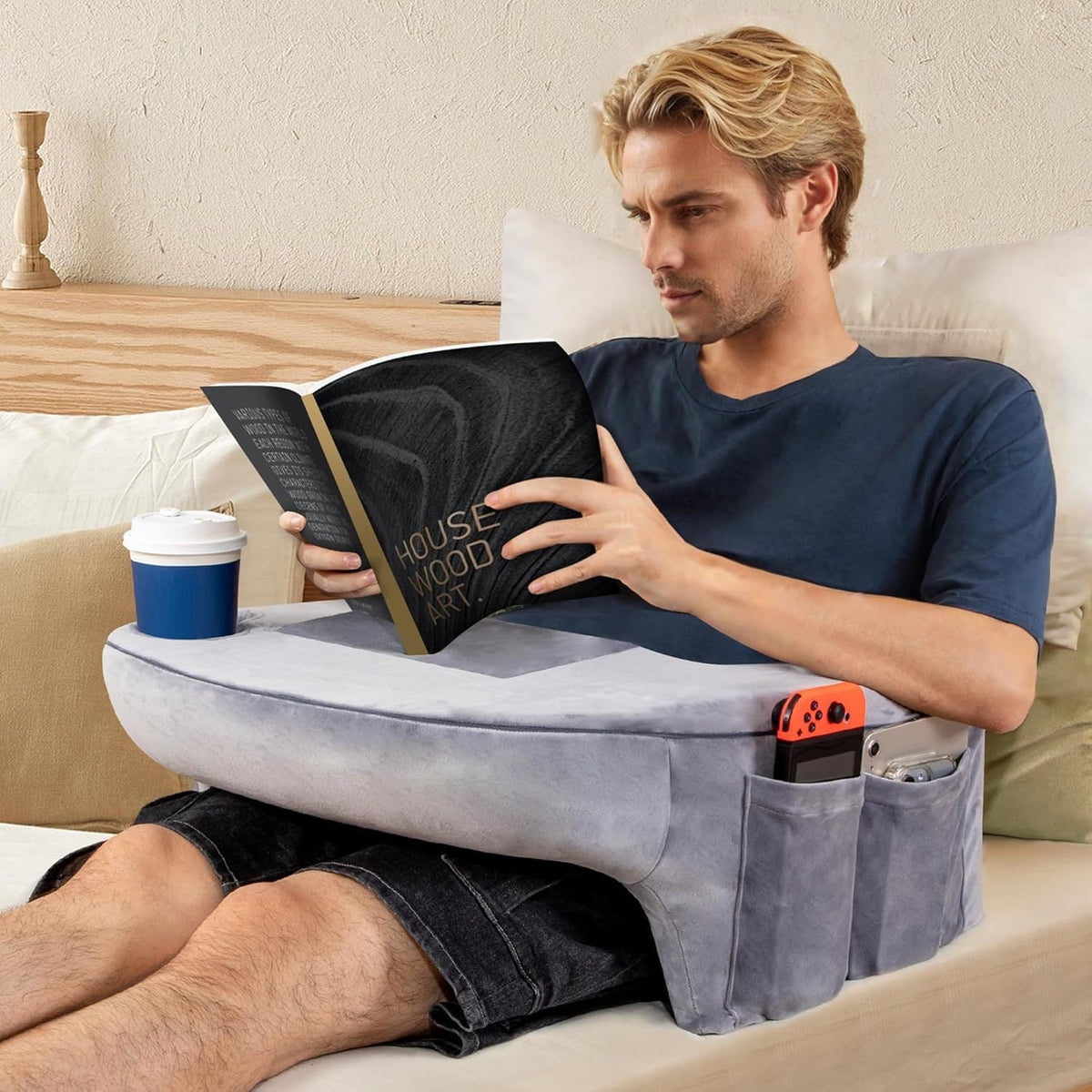 Gaming Reading Pillow with Cup Holder