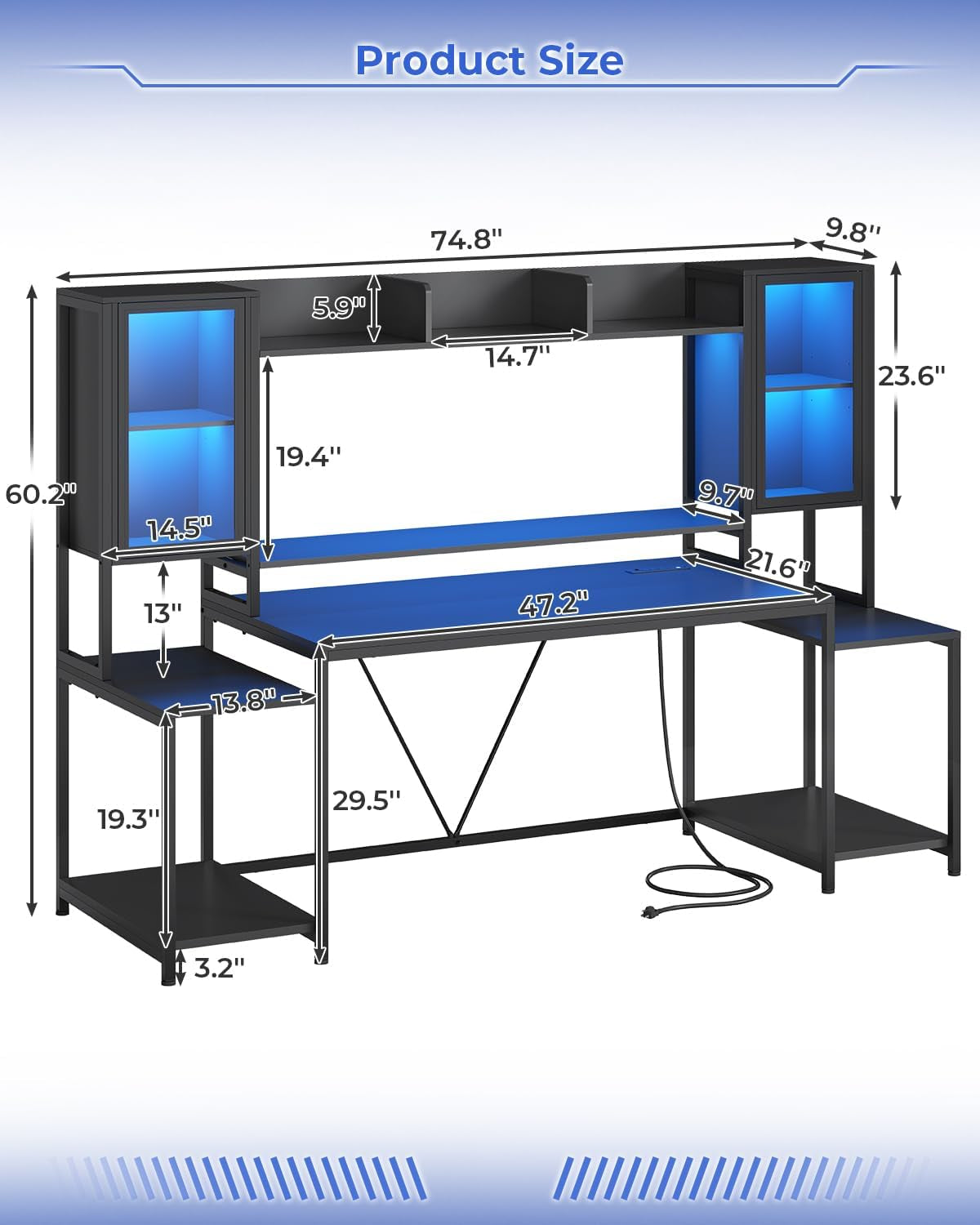 74.8 Inch Ergonomic Gaming Desk with LED Lights