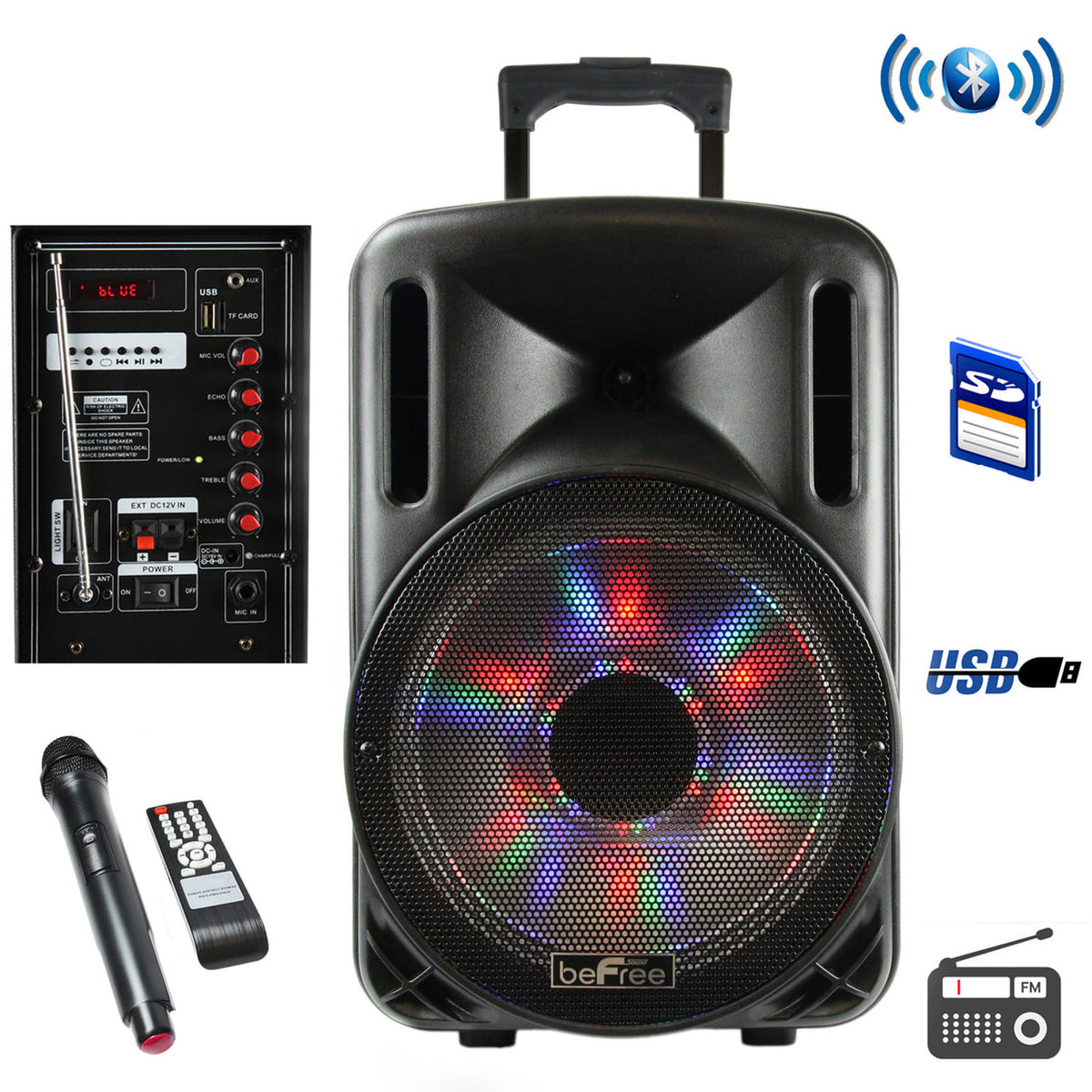 beFree Sound 12 Inch Rechargeable Bluetooth Party Speaker with Lights