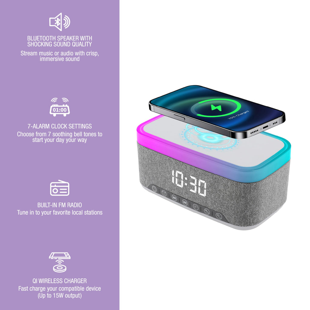 Pursonic 2-in-1 Charging Set – Wireless Charging Alarm Clock Speaker + LED Desk Lamp