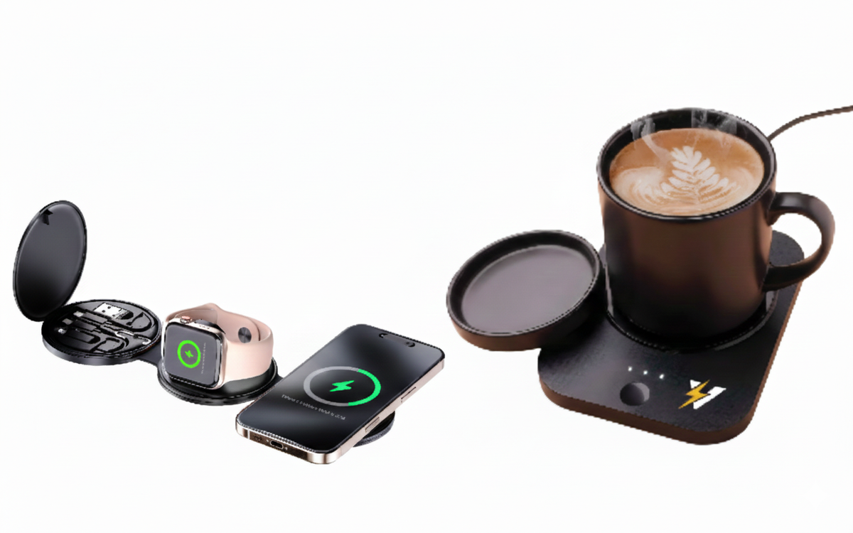 Complete Wireless Charging & Comfort Bundle – Mug Warmer Charger + 5-in-1 Folding Charging Station