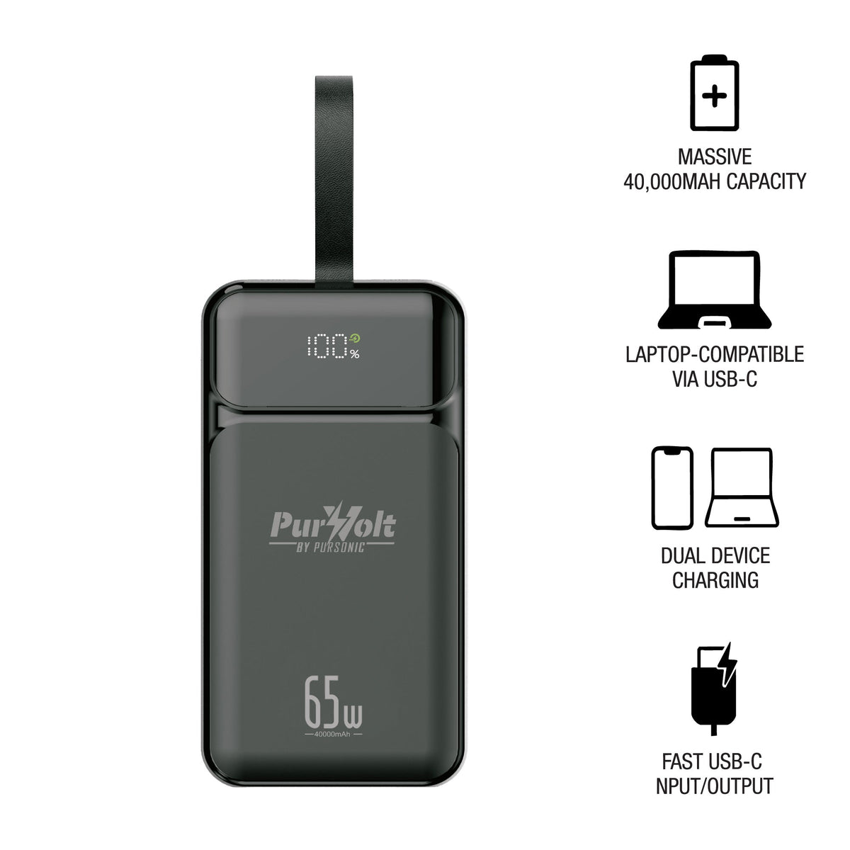PurVolt 40,000mAh Power Bank – 65W USB-C for Laptops & Phones