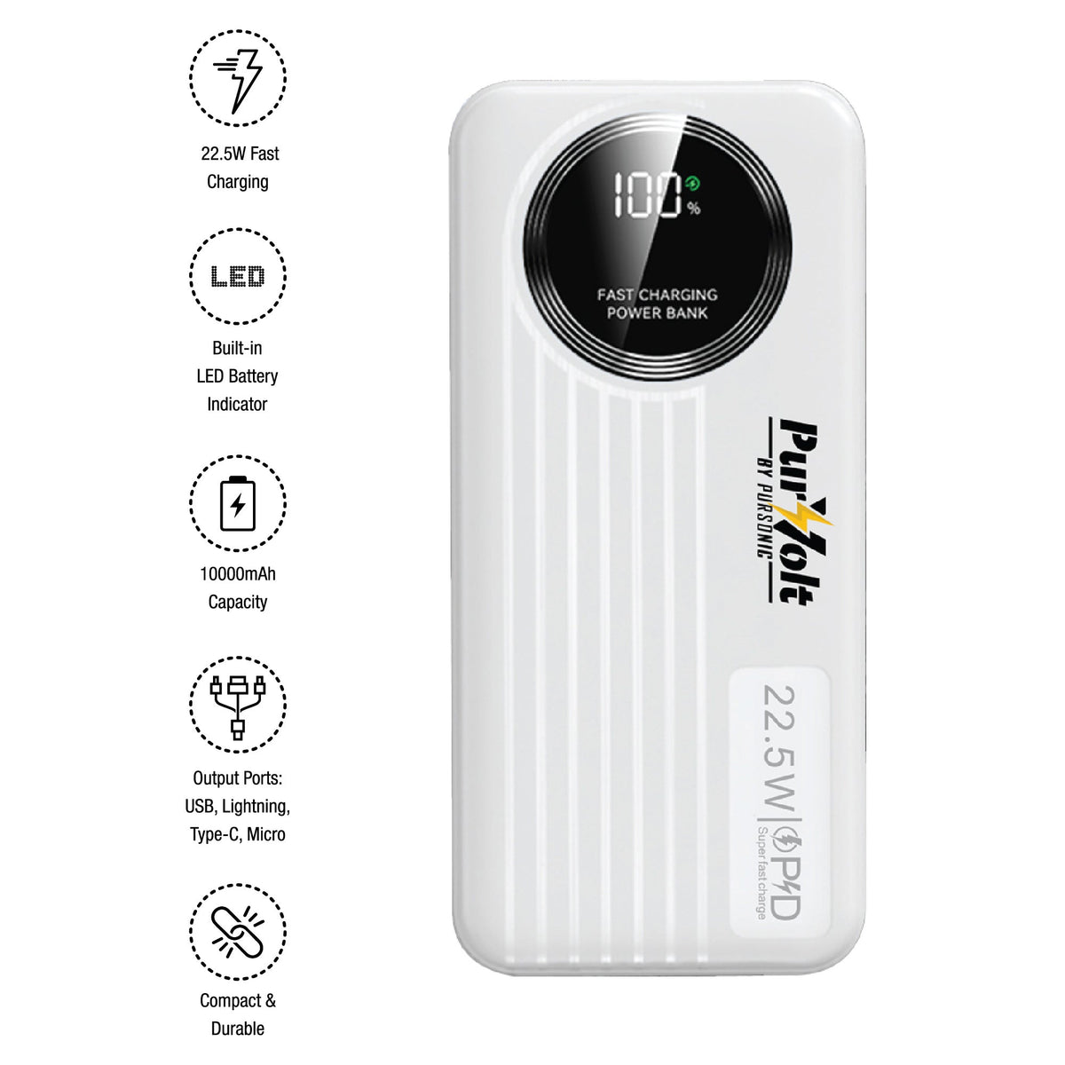 Pursonic 10,000mAh Fast Charging Power Bank with Built-in Cables