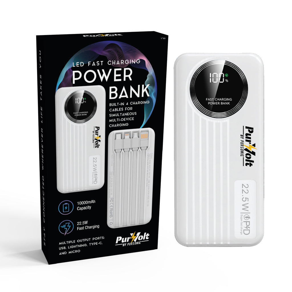 Pursonic 10,000mAh Fast Charging Power Bank with Built-in Cables
