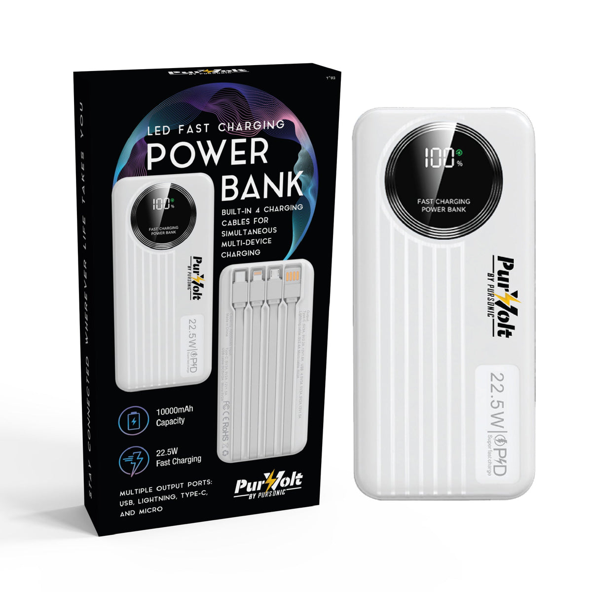 Pursonic 10,000mAh Fast Charging Power Bank with Built-in Cables