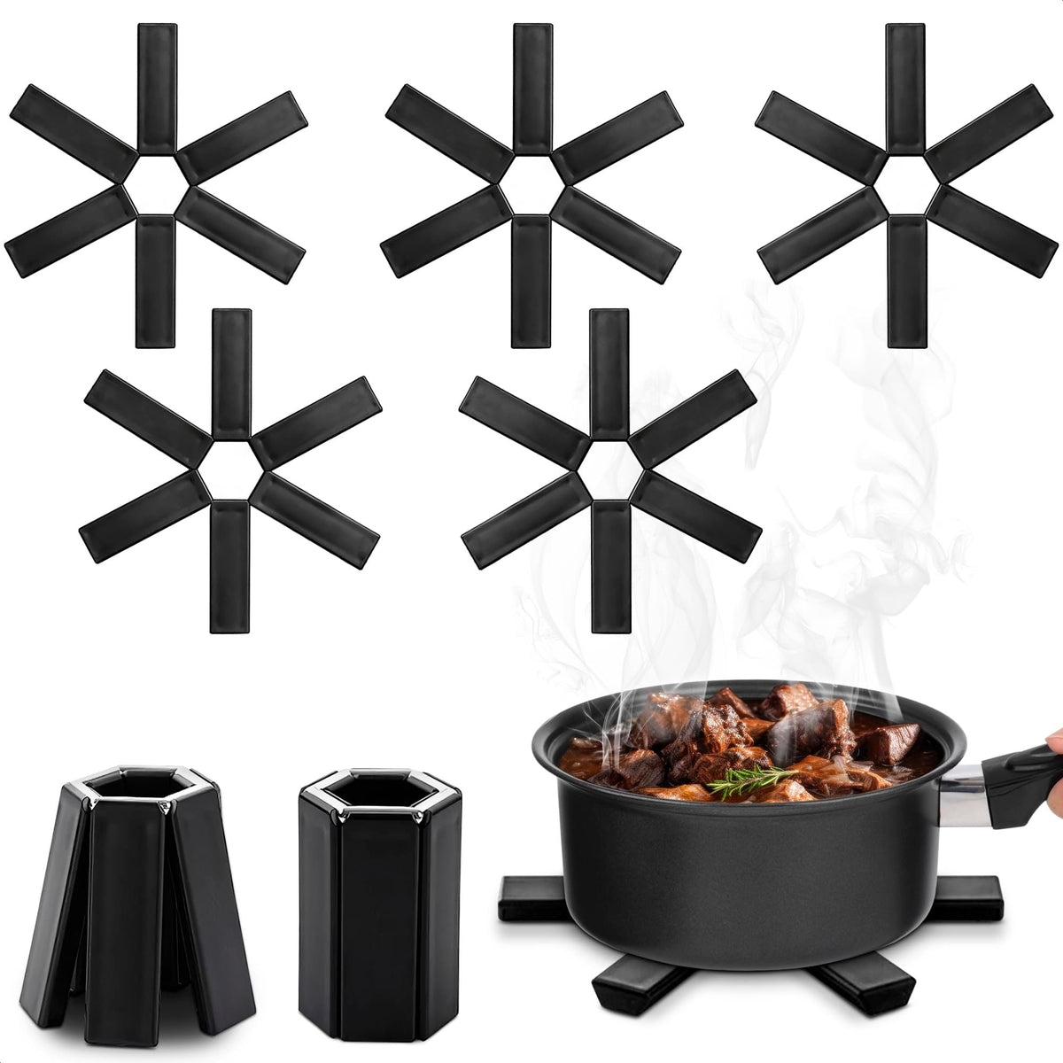5-Piece Foldable Kitchen Trivet Set, Black