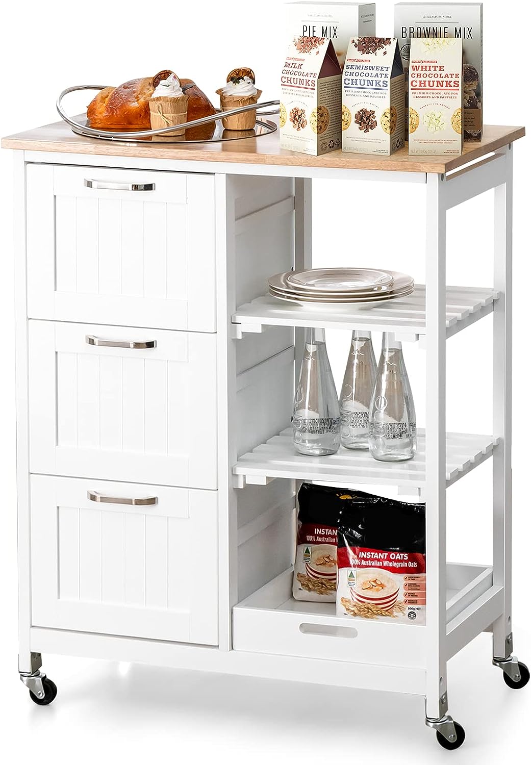 Kitchen Island on Wheels with Storage – Rubber Wood Top