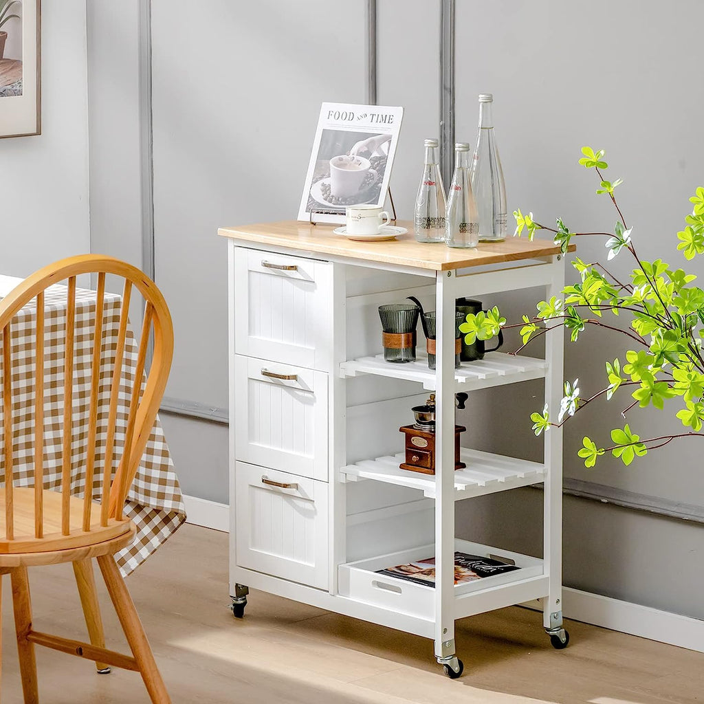 Kitchen Island on Wheels with Storage – Rubber Wood Top