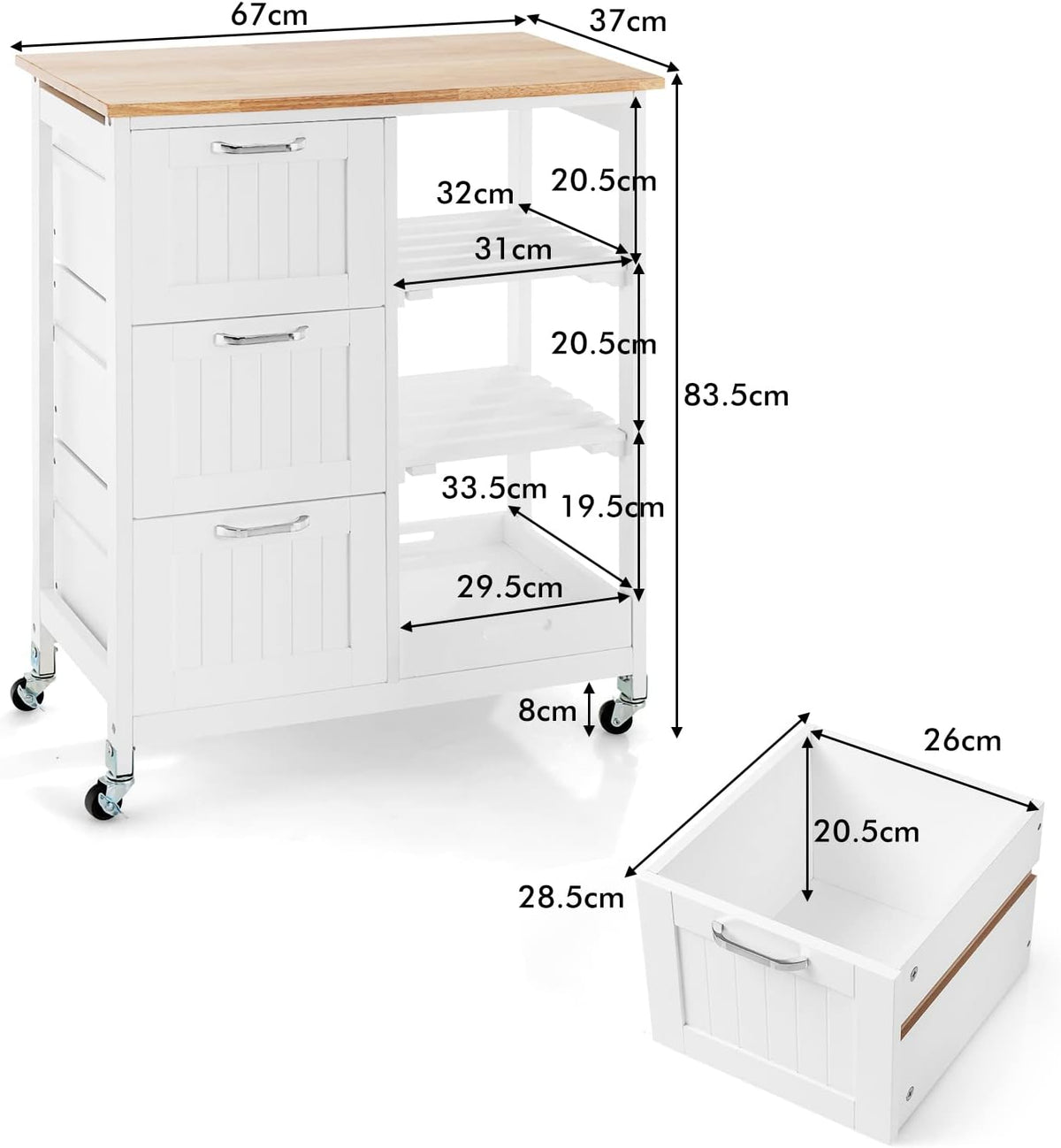 Kitchen Island on Wheels with Storage – Rubber Wood Top
