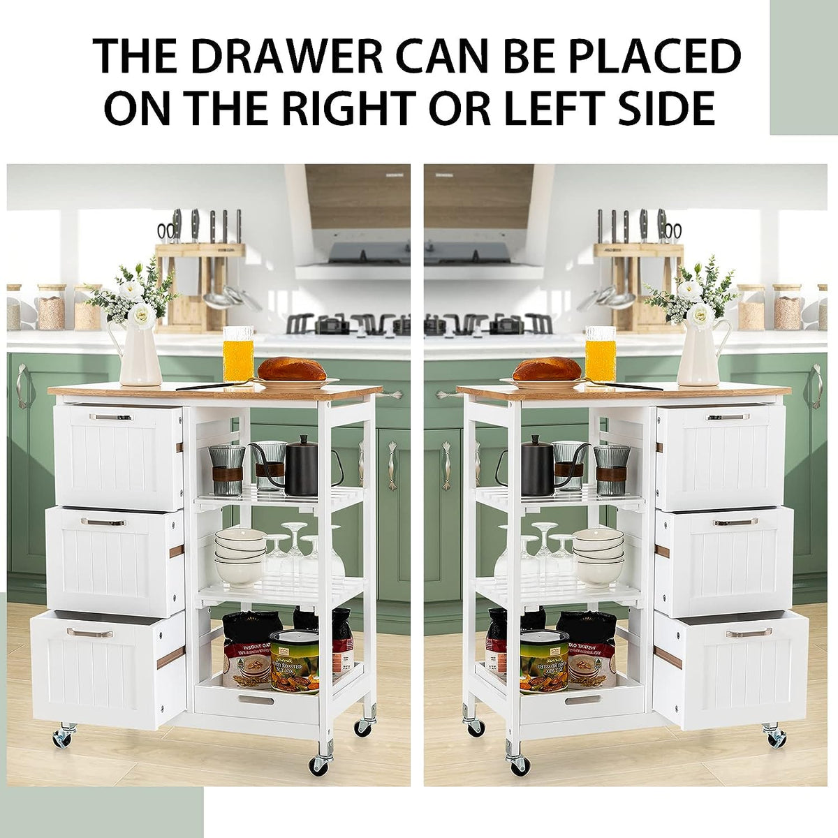 Kitchen Island on Wheels with Storage – Rubber Wood Top