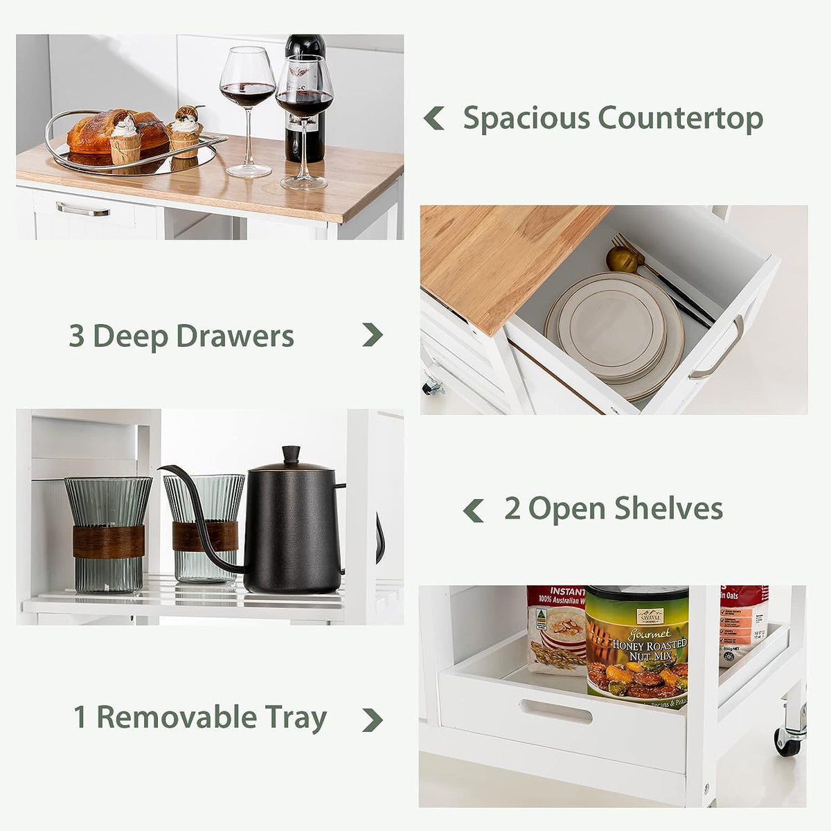 Kitchen Island on Wheels with Storage – Rubber Wood Top