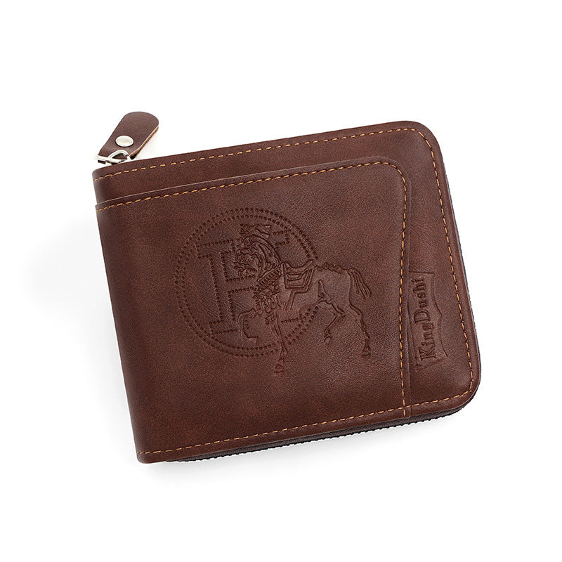 NNEDSZ Men's Leather Zip Wallet with Embossed Horse – Dark Brown