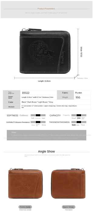 NNEDSZ Men's Leather Zip Wallet with Embossed Horse – Dark Brown