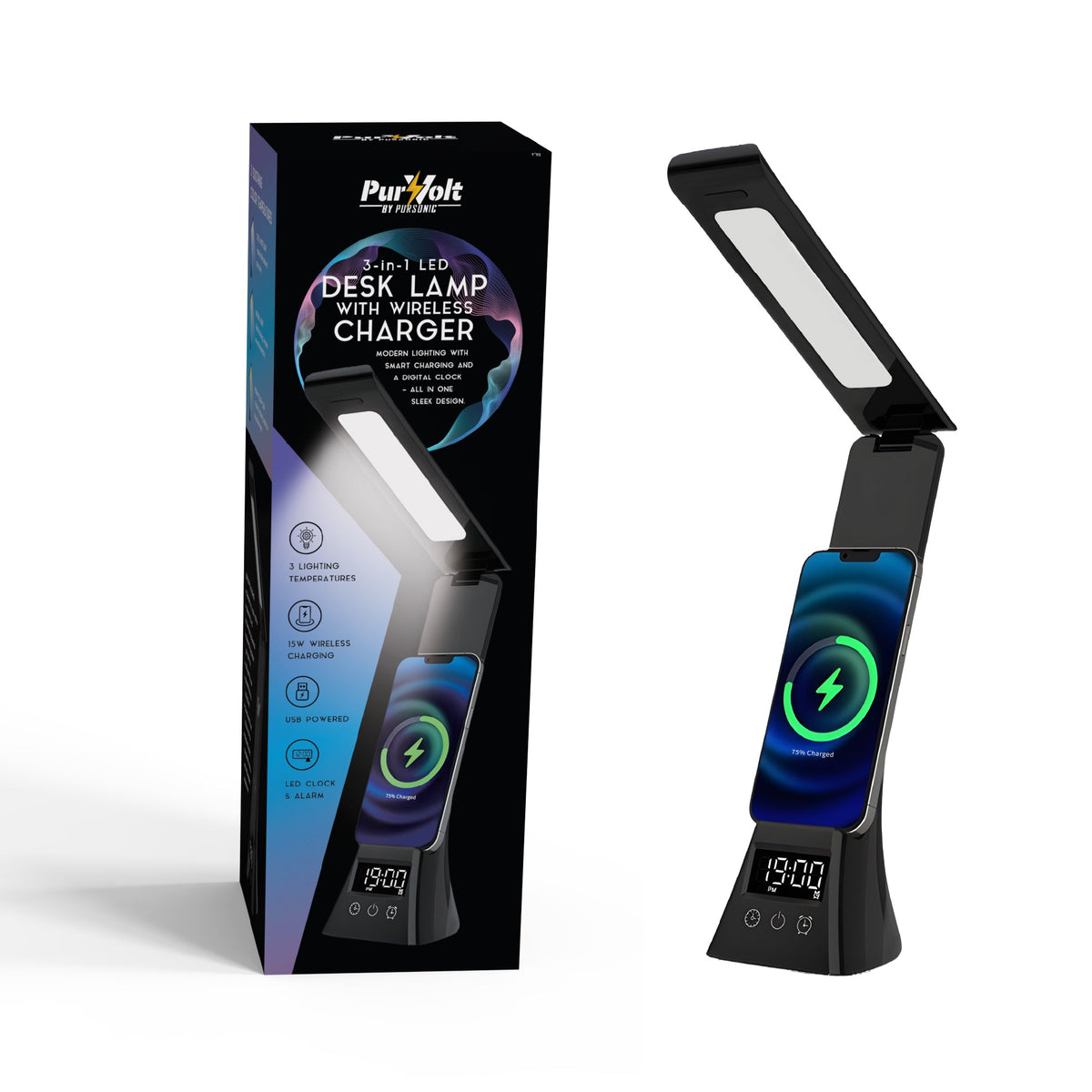 Pursonic 2-in-1 Charging Set – Wireless Charging Alarm Clock Speaker + LED Desk Lamp