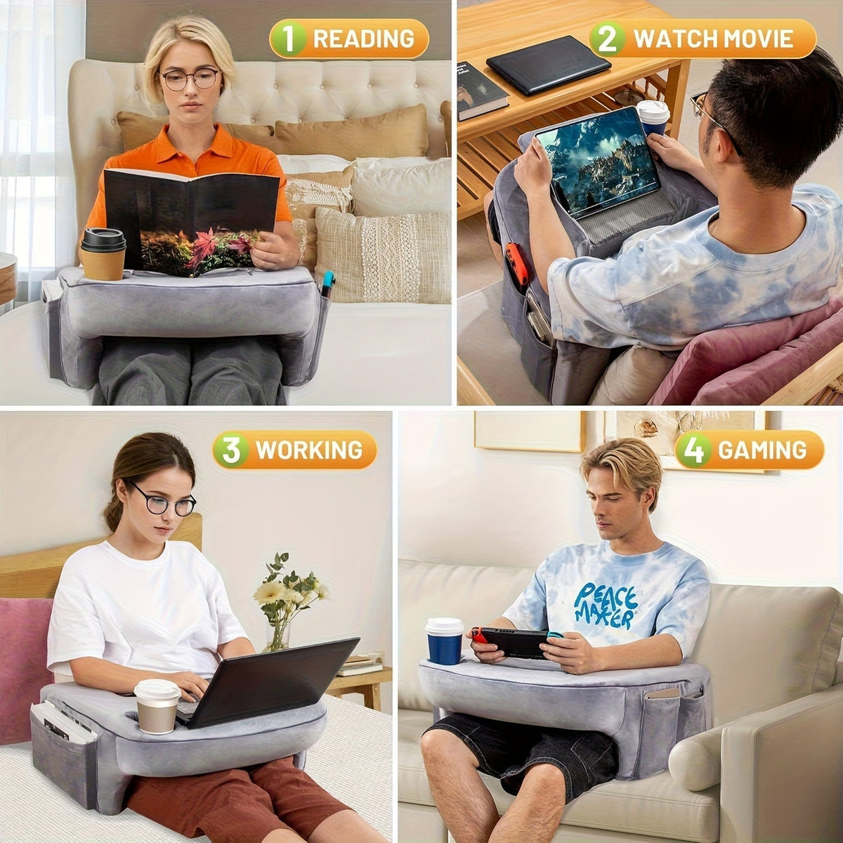 Gaming Reading Pillow with Cup Holder