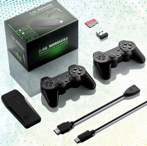 Gaming controller set with packaging, controllers, and accessories on a light green background