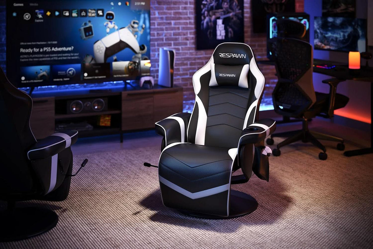 White Gaming Recliner with Cup Holder & Adjustable Footrest