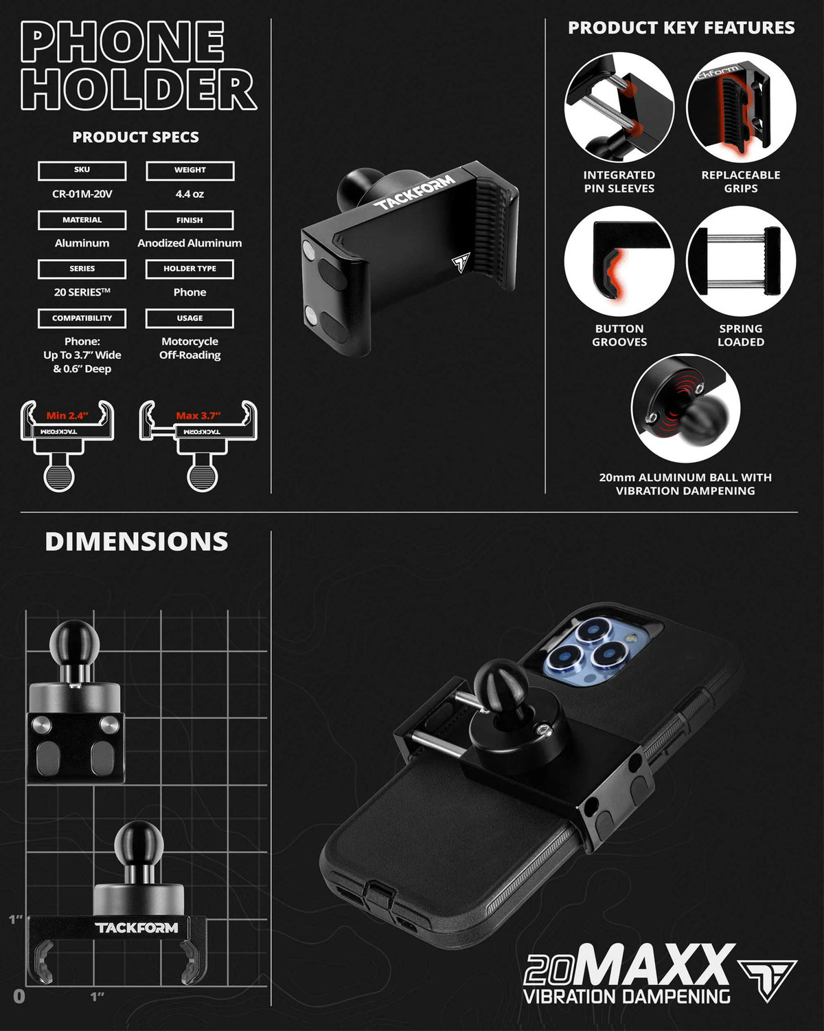 GRIP'R 20MAXX High-Tension Motorcycle iPhone Cradle – Black