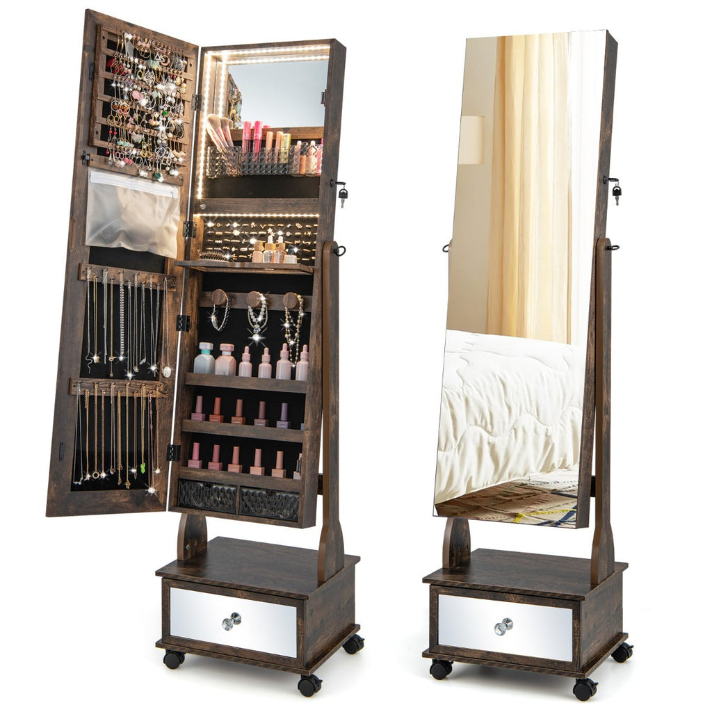 NNECW 159cm Lockable Jewellery Cabinet with LED Lights – Brown