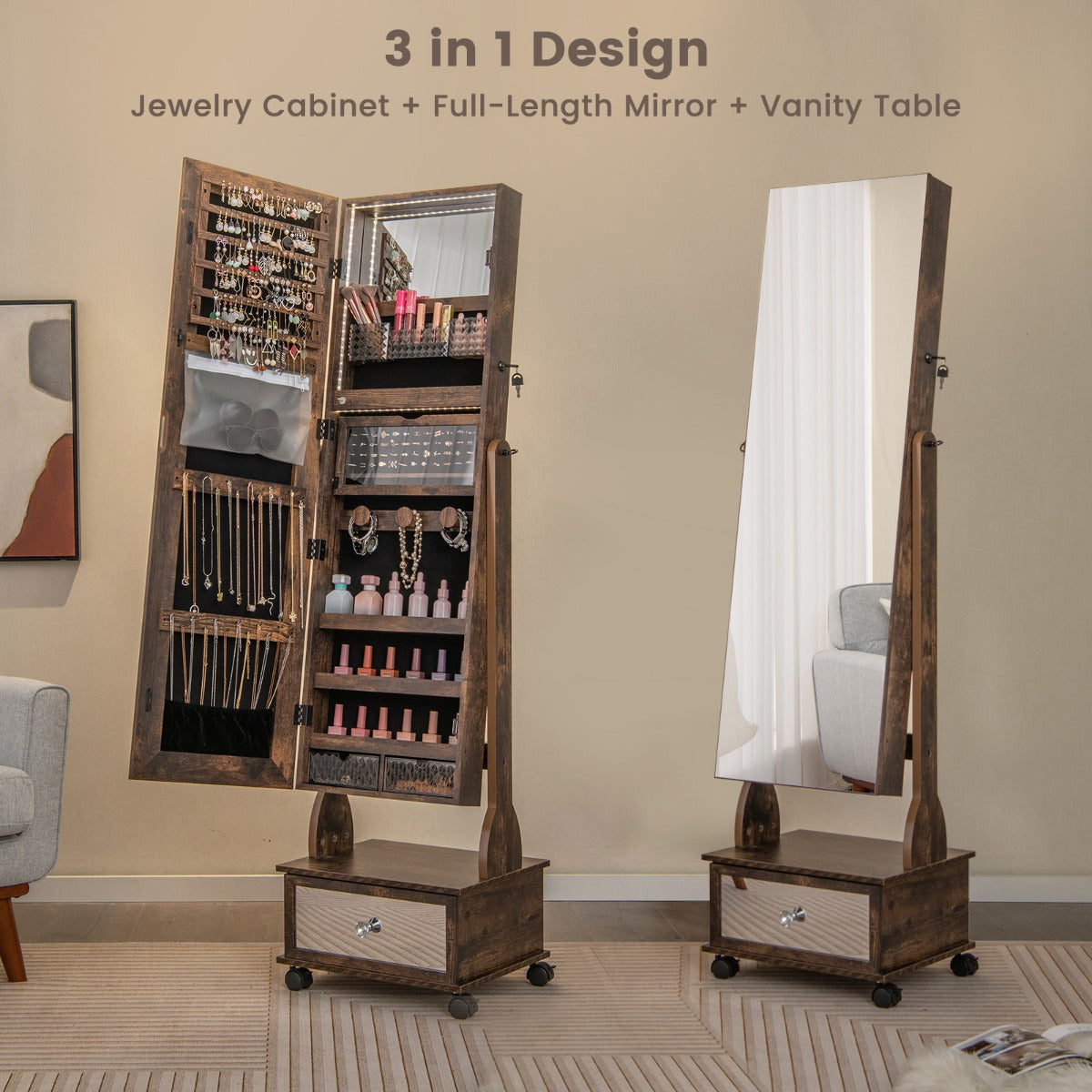 NNECW 159cm Lockable Jewellery Cabinet with LED Lights – Brown