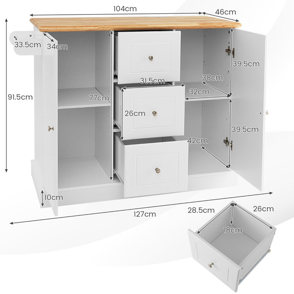 Large Mobile Kitchen Island Cart with Adjustable Shelves – White