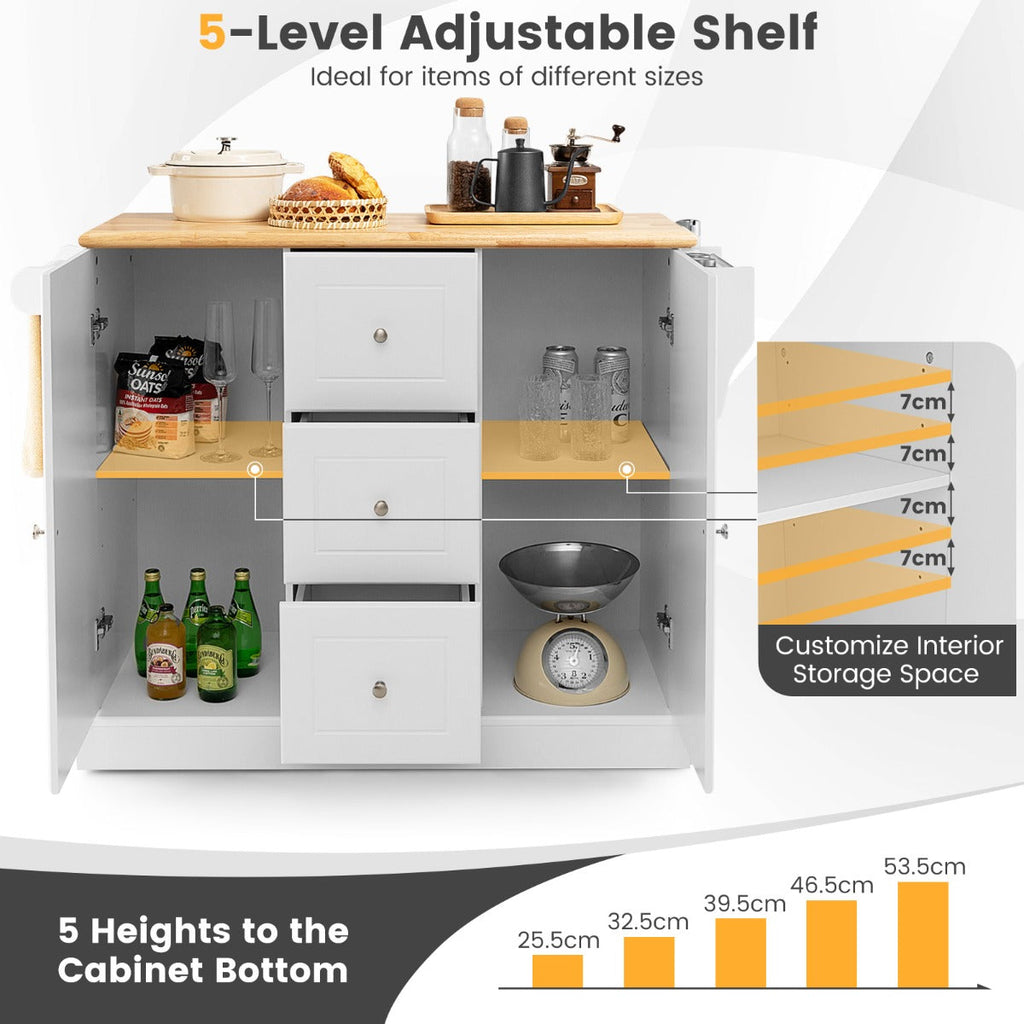 Large Mobile Kitchen Island Cart with Adjustable Shelves – White