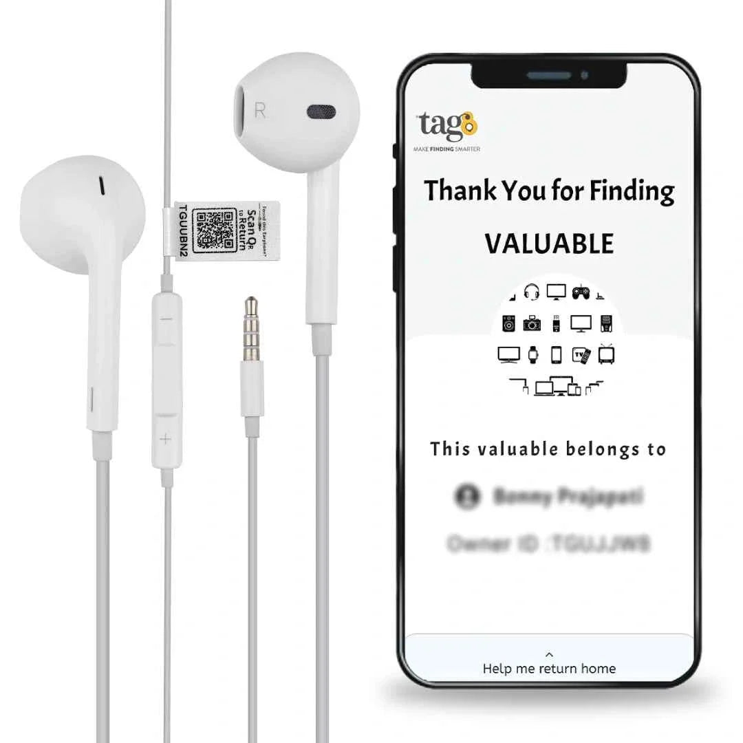 tag8 Wired Earphones with QR Lost & Found Tag – White