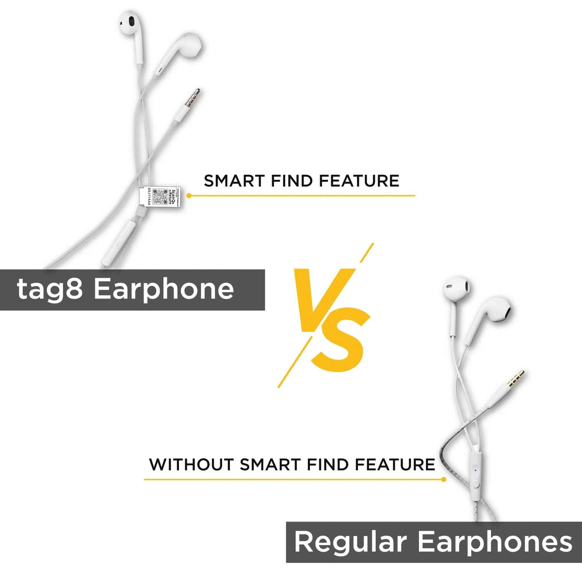tag8 Wired Earphones with QR Lost & Found Tag – White